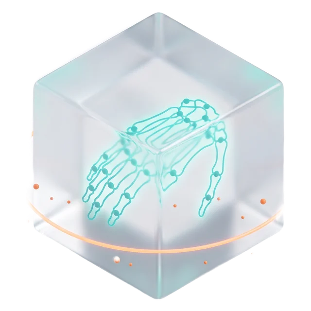 Glass cube with a glowing hand model inside