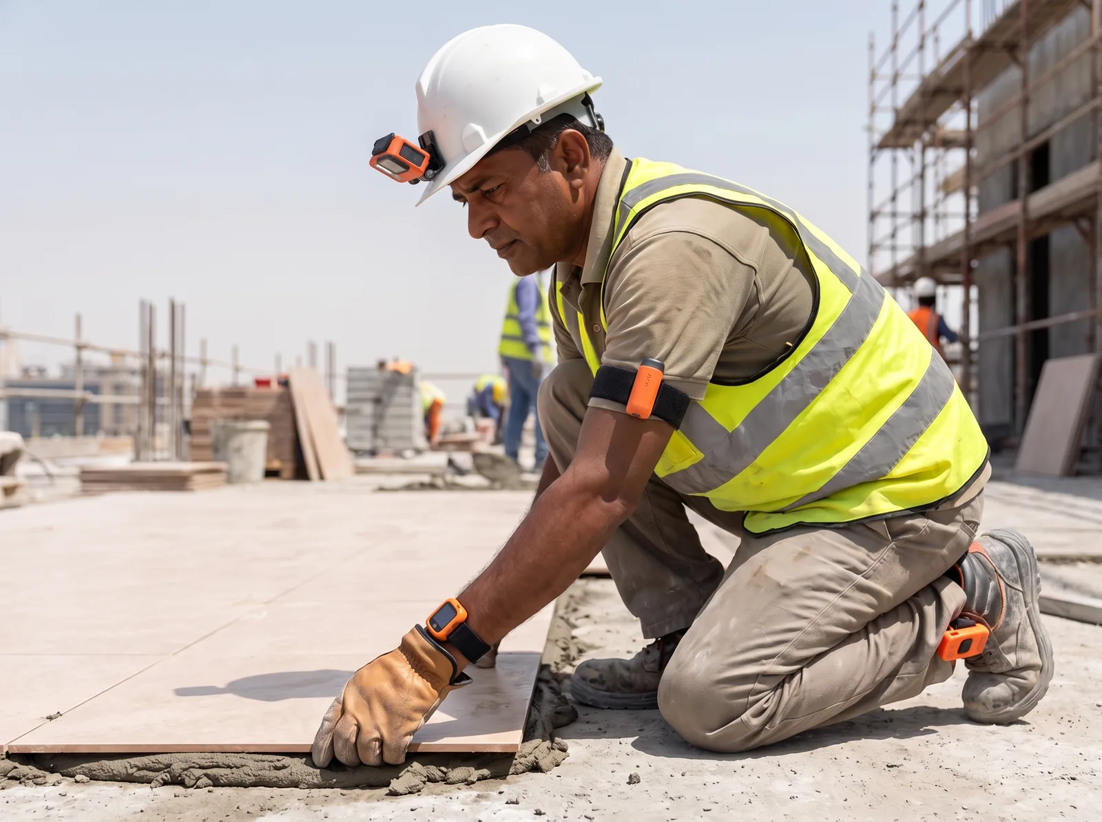 Tile worker wearing the USTA hat clip, arm band, wrist pod and boot clip